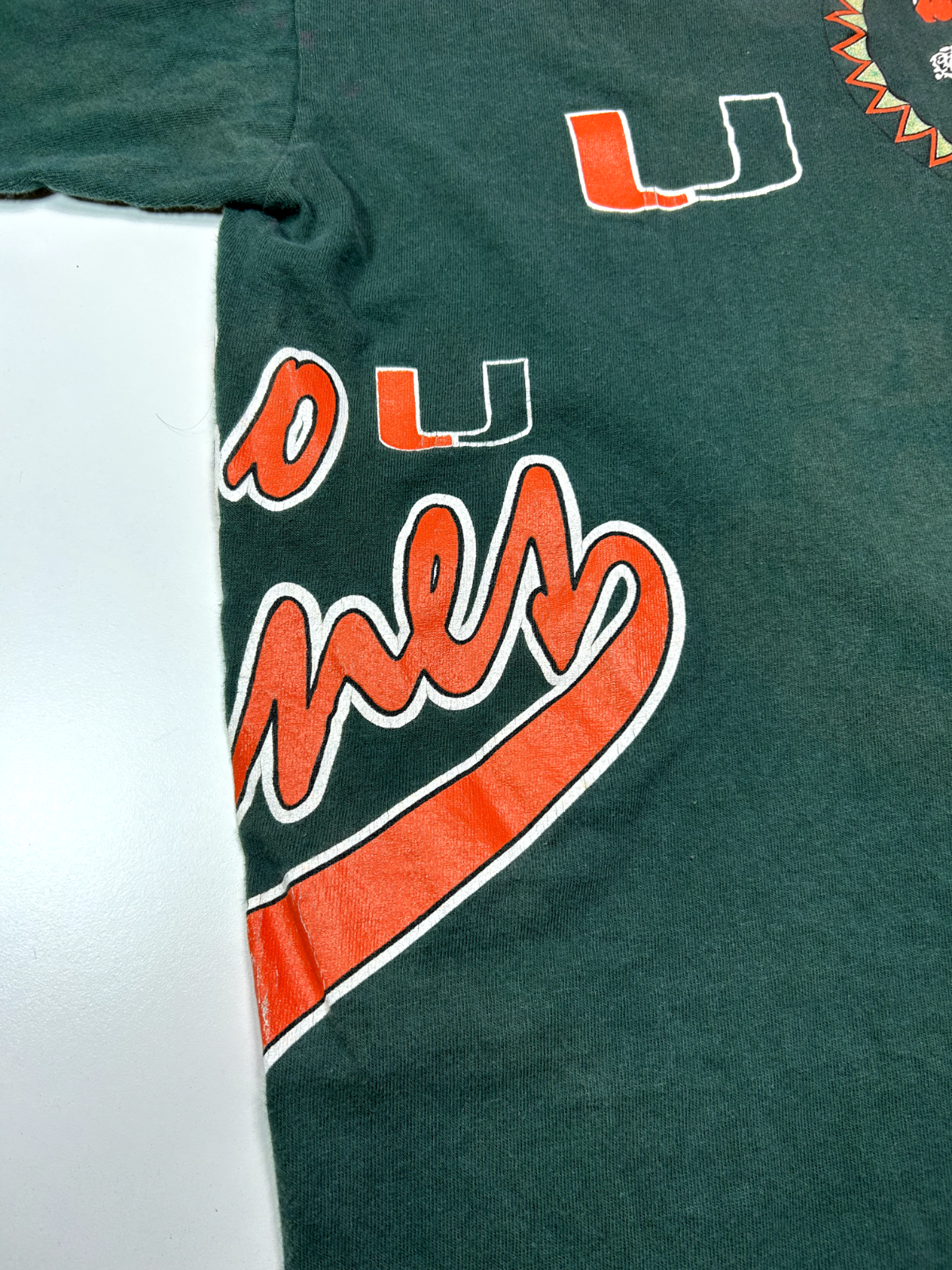 Vintage 90s Miami Hurricanes NCAA Wraparound Print Collegiate T-Shirt Size XL