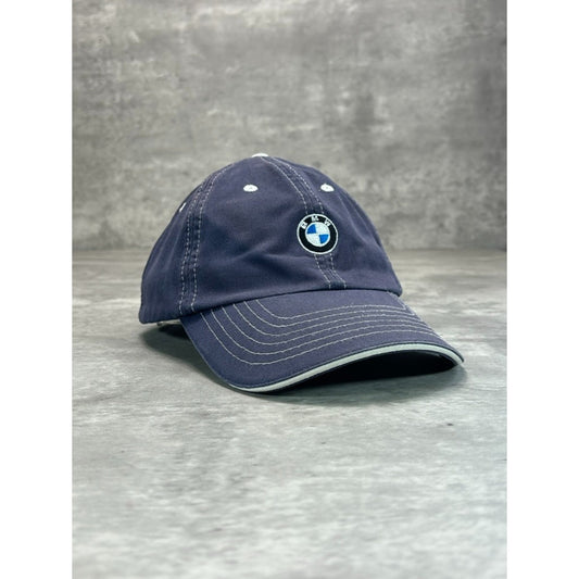 Vintage BMW Embroidered Logo Two Tone Strapback Hat OSFA Navy Blue/White