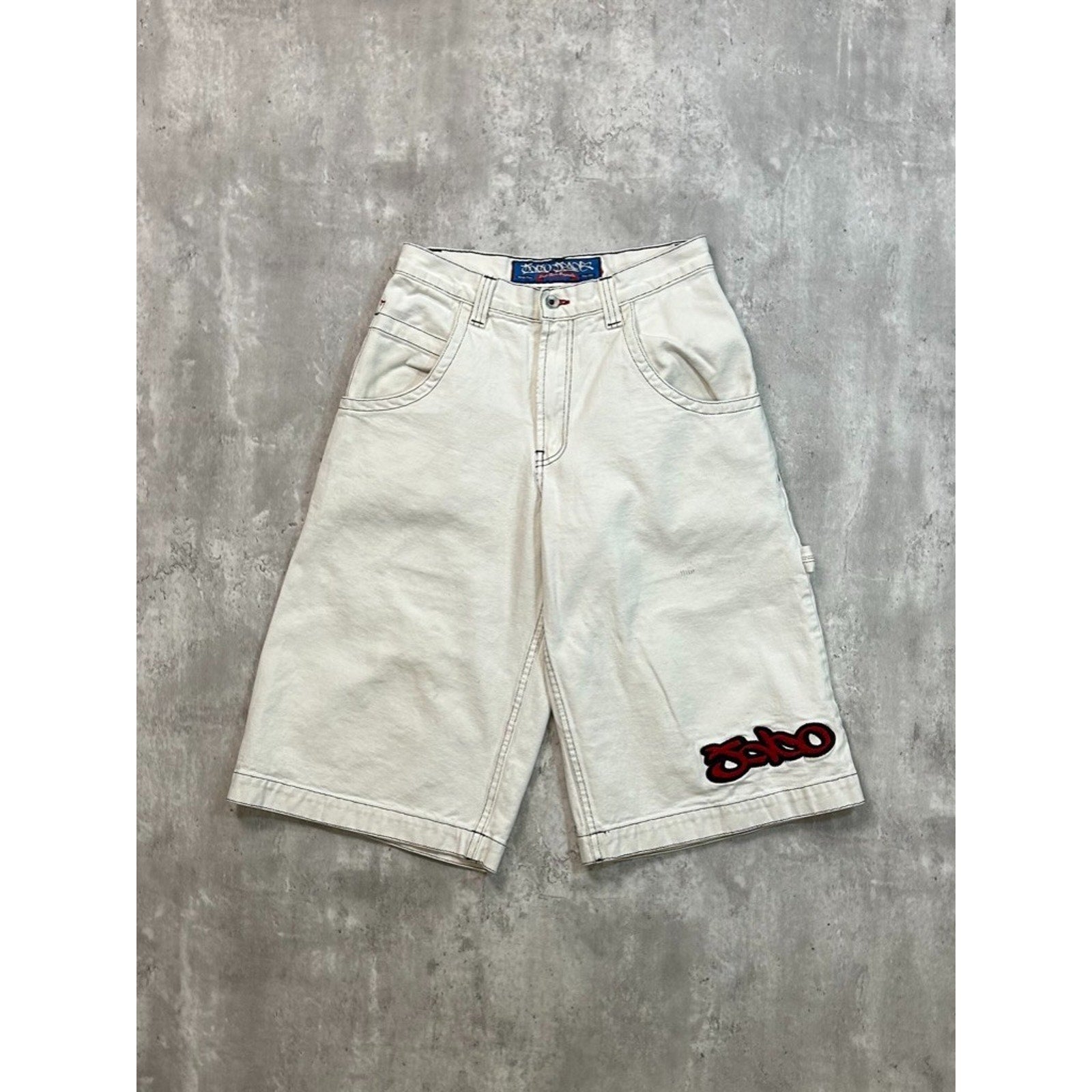 Vintage Y2K JNCO Jeans Embroidered White Baggy Carpenter Shorts Size 29