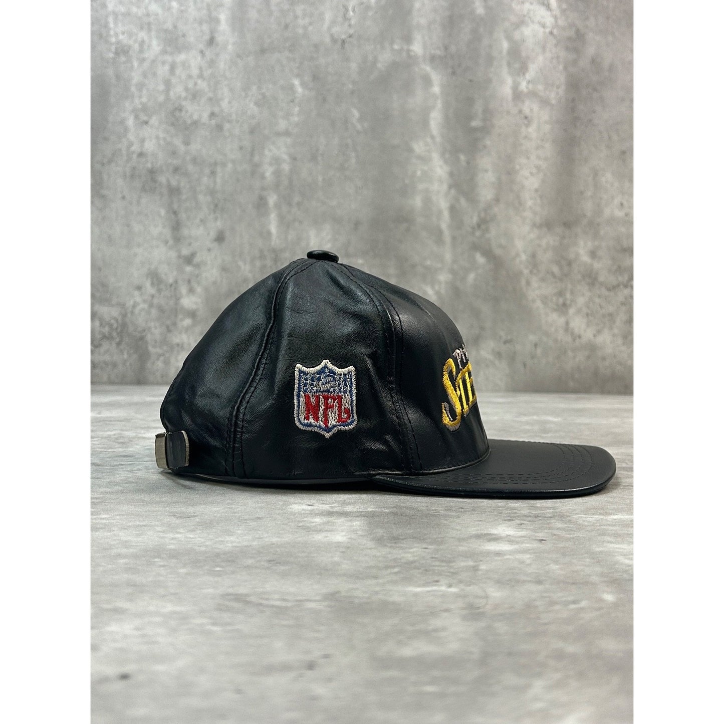 Vintage 90s Pittsburgh Steelers NFL Embroidered Leather Strapback Hat OSFA
