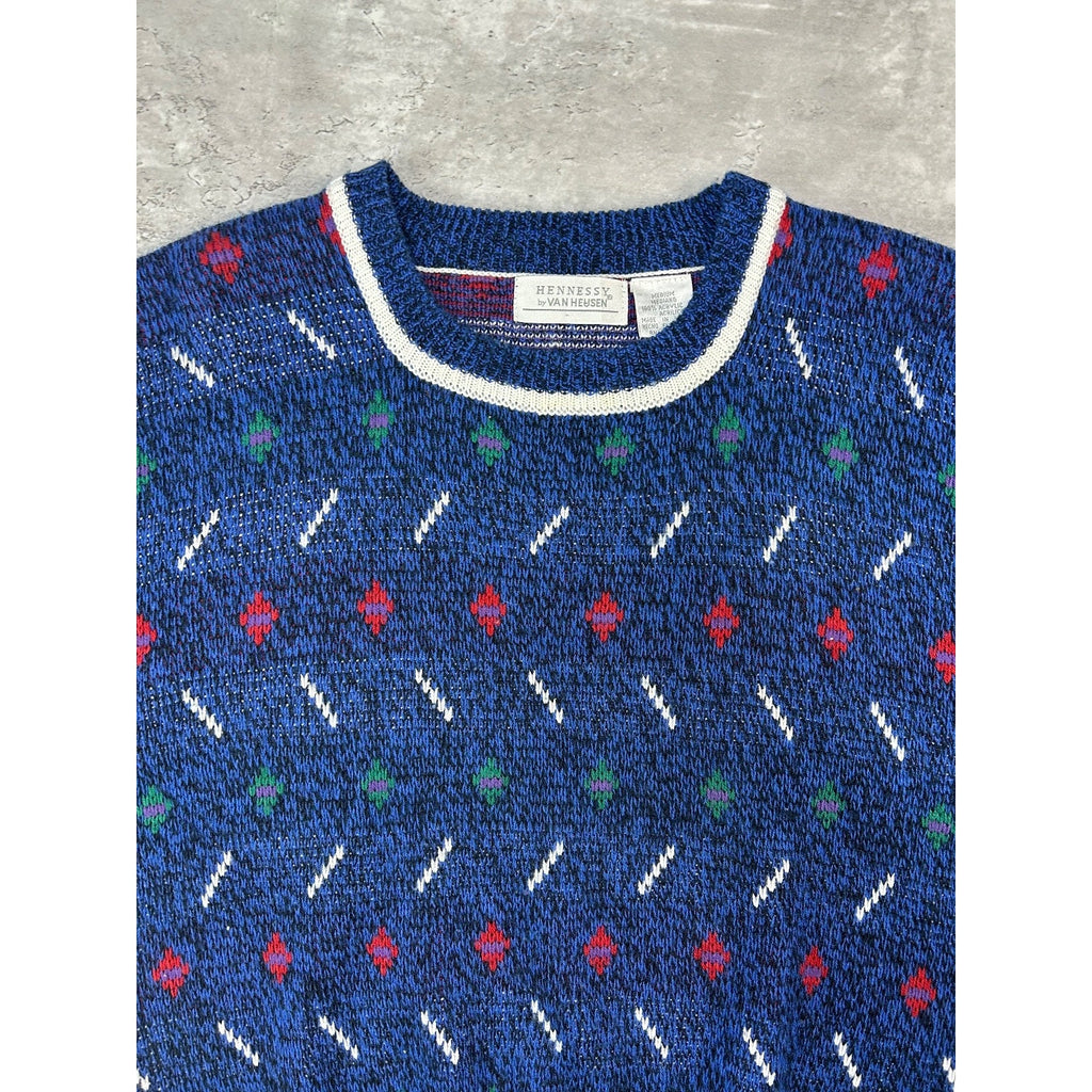 Vintage 90s Van Heusen Abstract Striped Pullover Knit Sweater Size Medium