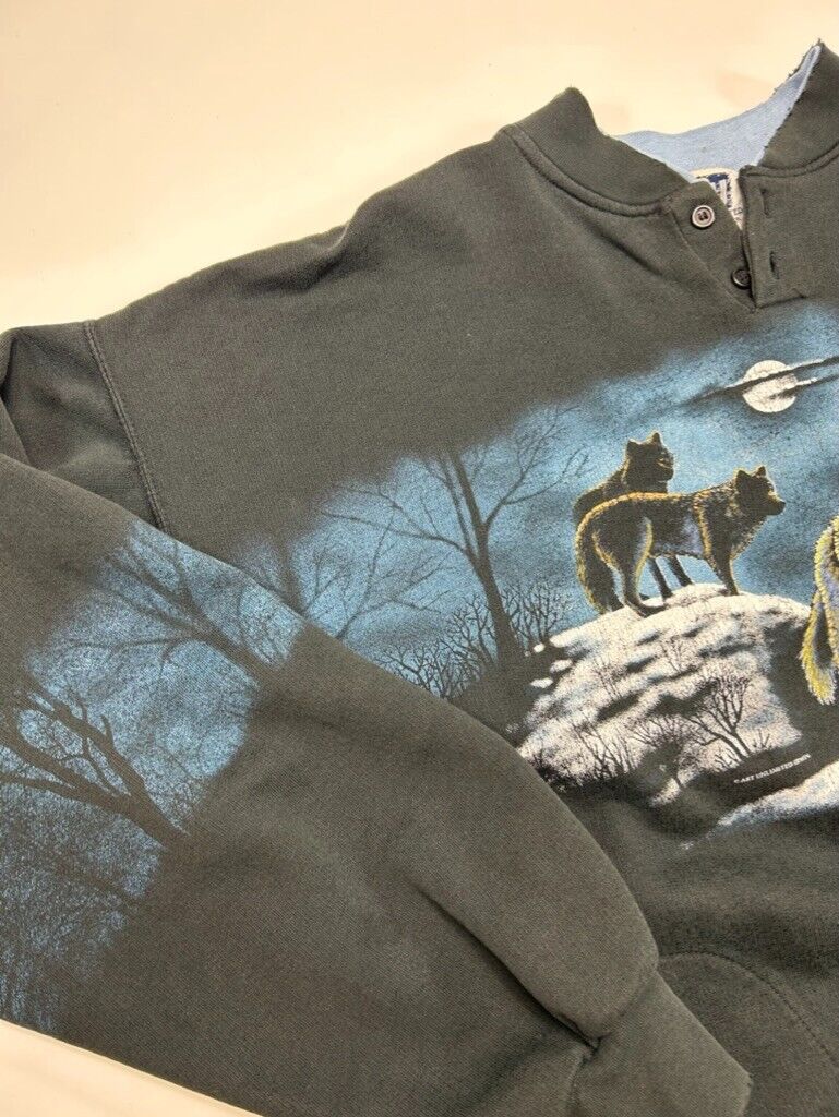 Vintage 90s Wolf Nature Forest AOP 1/4 Button Sweatshirt Size XL Black