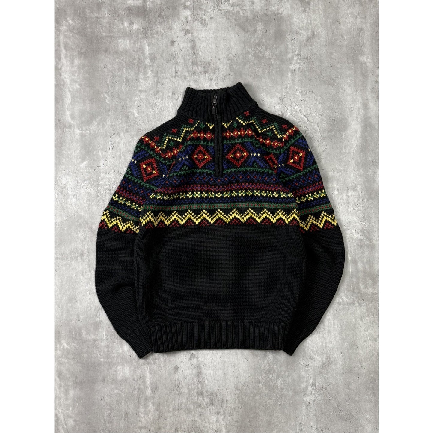 Vintage Polo Ralph Lauren 1/4 Zip Geometric Striped Knit Sweater Sz Large YOUTH