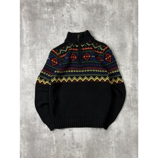 Vintage Polo Ralph Lauren 1/4 Zip Geometric Striped Knit Sweater Sz Large YOUTH