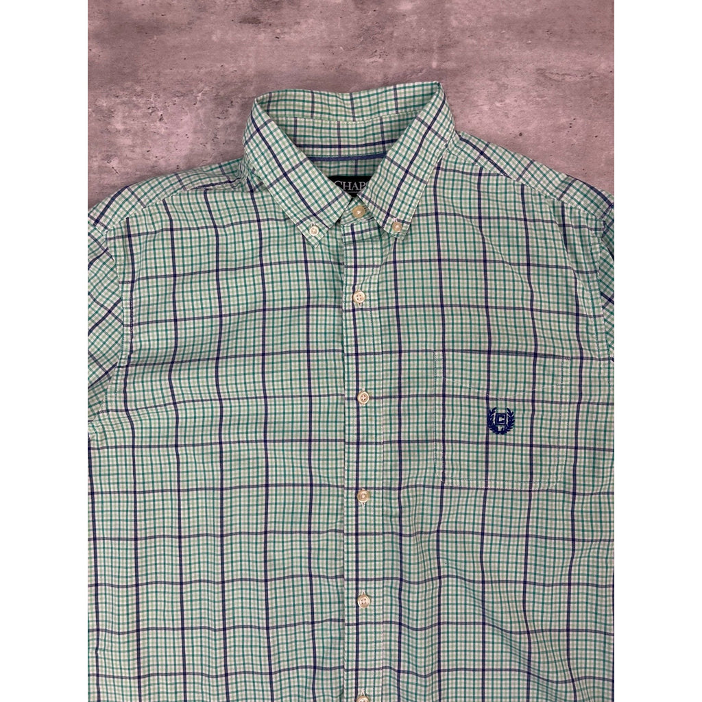 Vintage Chaps Plaid Print Reworked Cropped Long Sleeve Button Up Shirt Sz Large