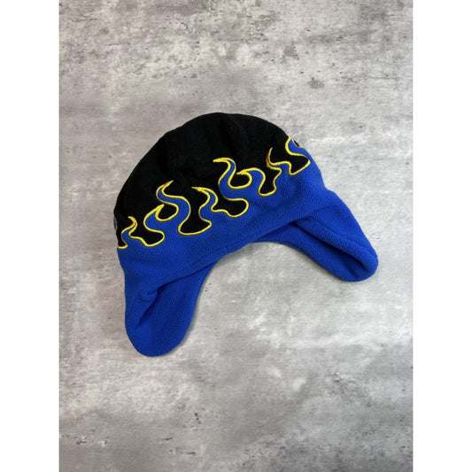 Vintage Graphic Flame Print Ear Flap Beanie Hat OSFA Blue/Black