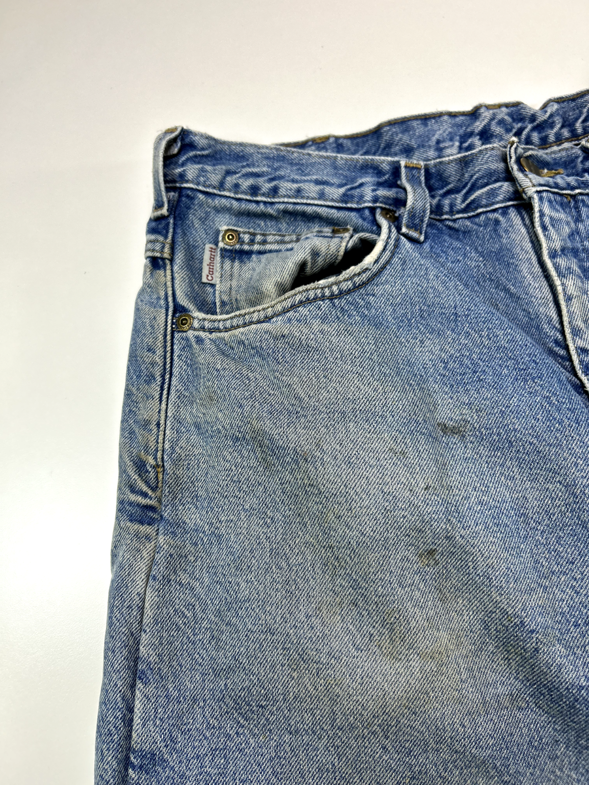 Vintage Carhartt Fleece Lined Medium Wash Denim Workwear Pants Size 34W Blue