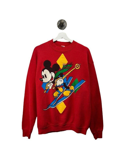 Vintage 90s Mickey Mouse Disney Skiing Graphic Sweatshirt Size Large Red