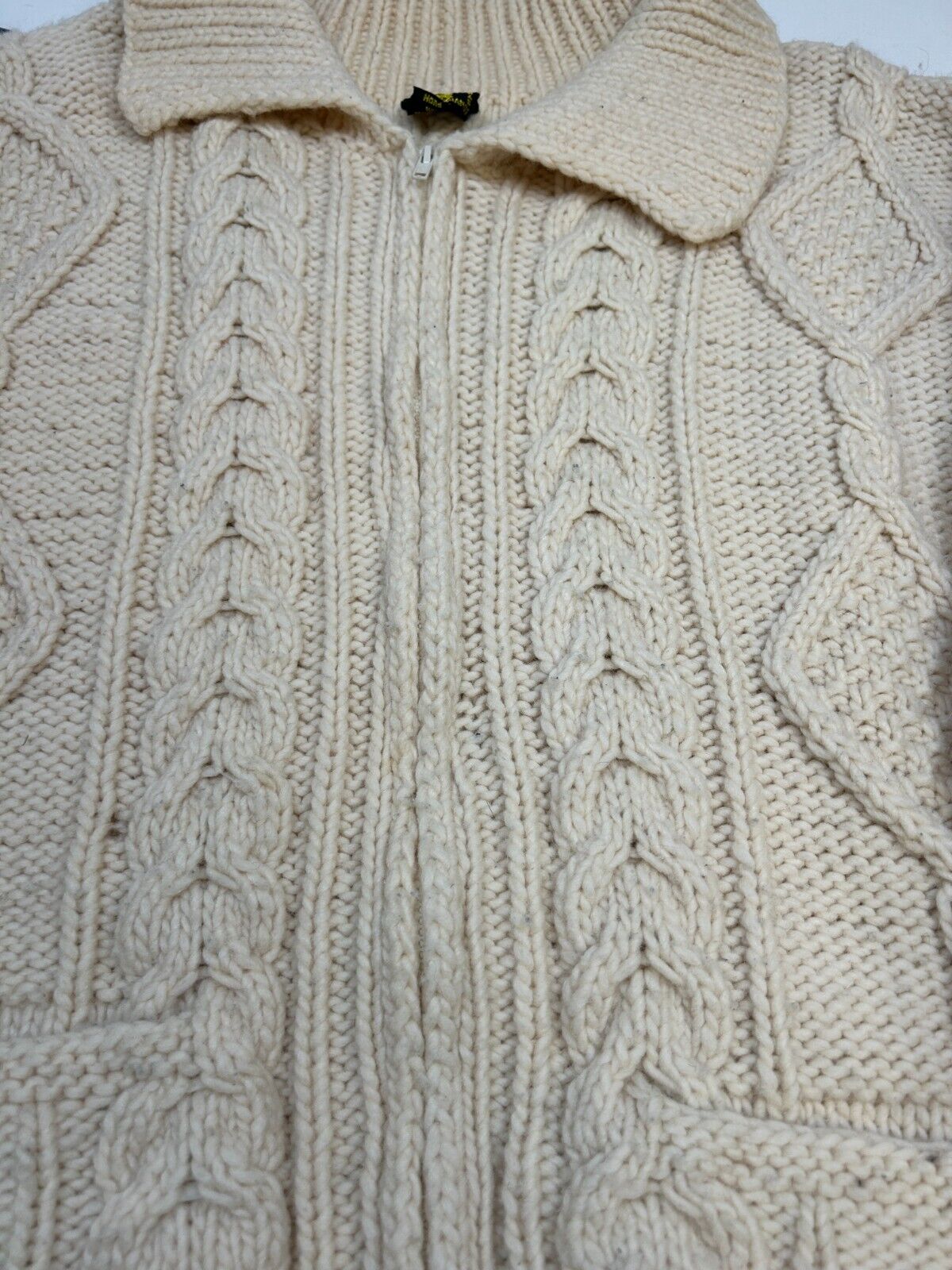 Vintage Tejidos Indigenas 100% Wool Cable Knit Full Zip Sweater Size XL Beige