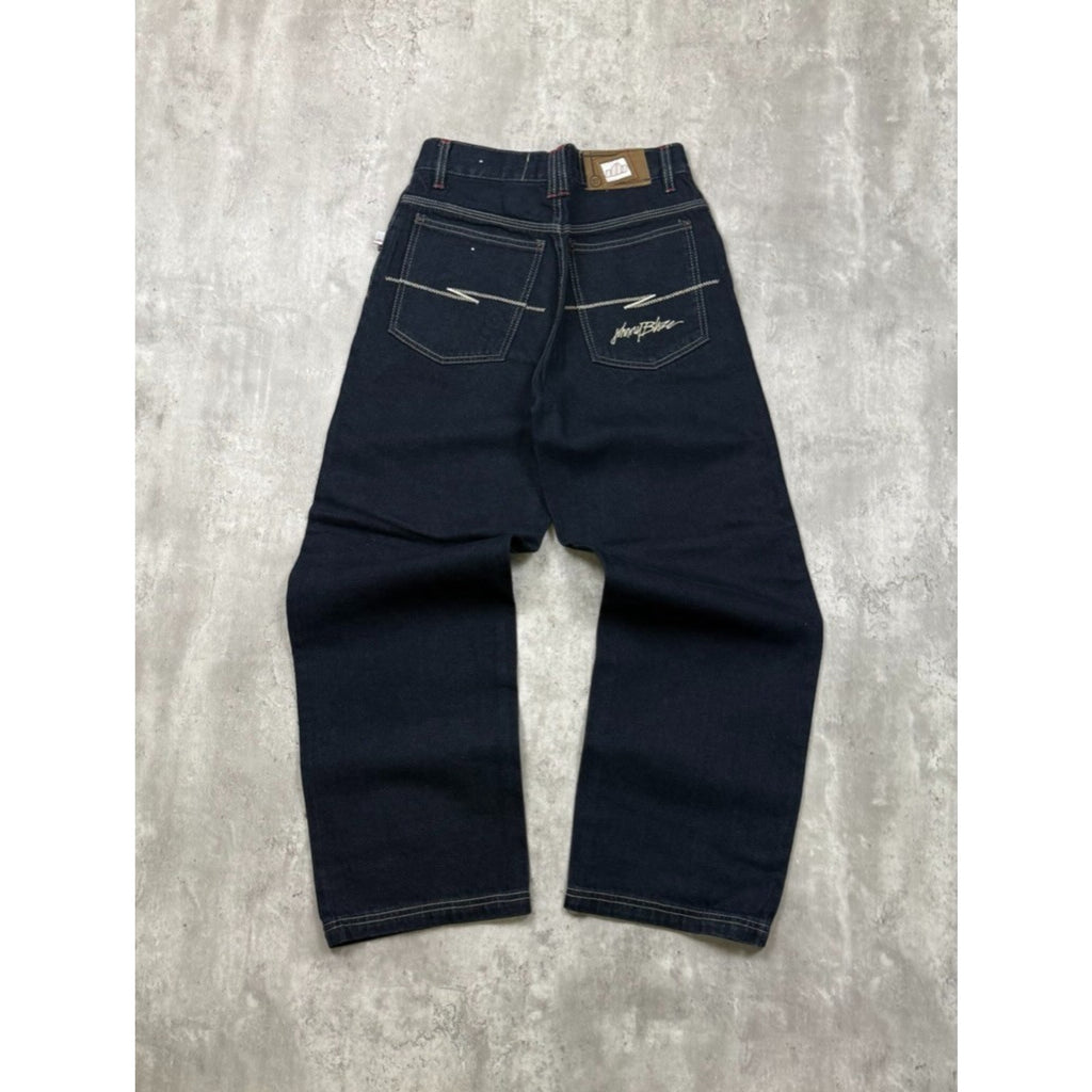 Vintage Y2K Womens Johnny Blaze Embroidered Script Dark Wash Denim Pants 29x28