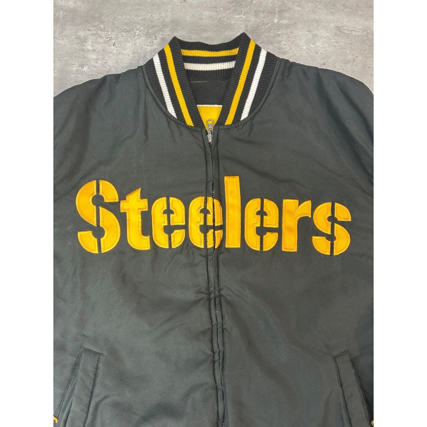 Vintage Pittsburgh Steelers NFL Spellout Reversible Bomber Jacket Size Large