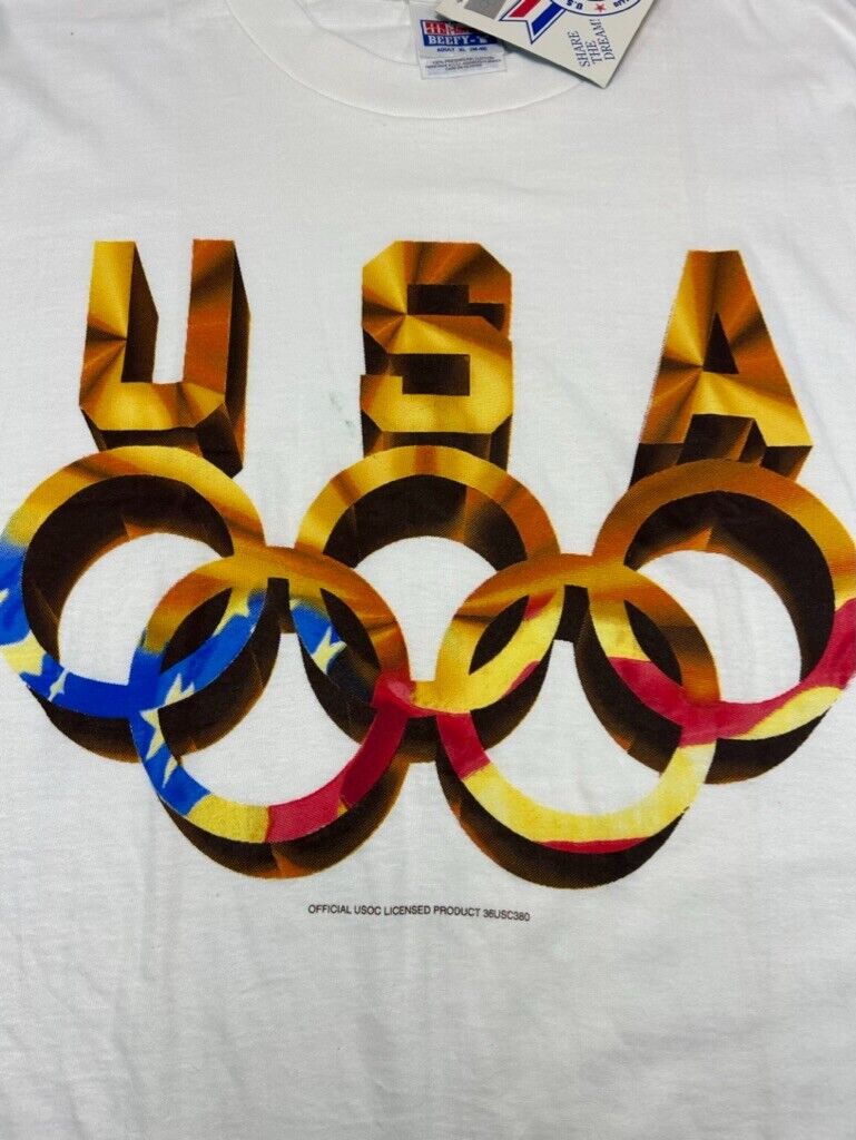 Vintage 90s USA Olympics Gold Rings Graphics T-Shirt Size XL White