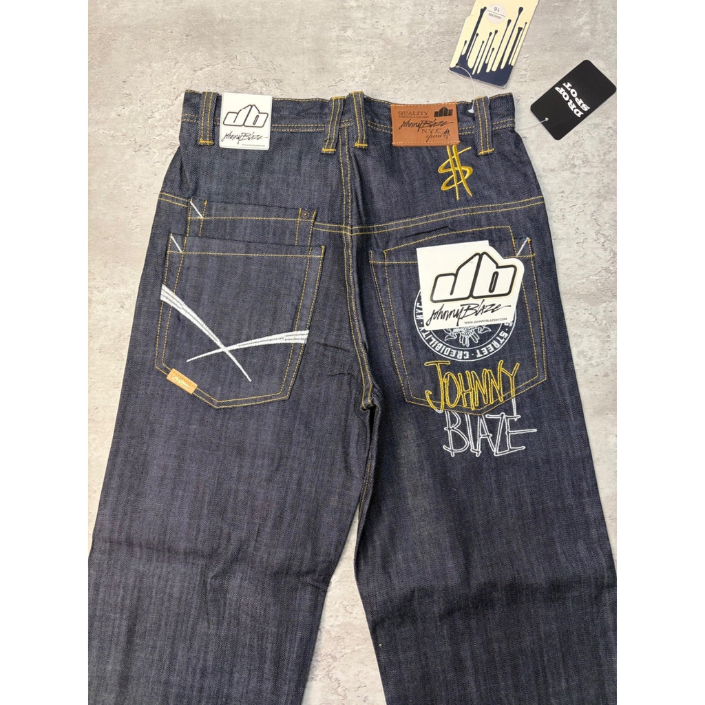 Vintage Y2K Womens Johnny Blaze Embroidered Crest Dark Wash Denim Pants