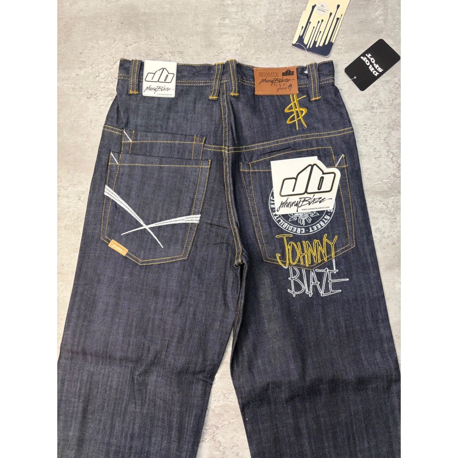 Vintage Y2K Womens Johnny Blaze Embroidered Crest Dark Wash Denim Pants