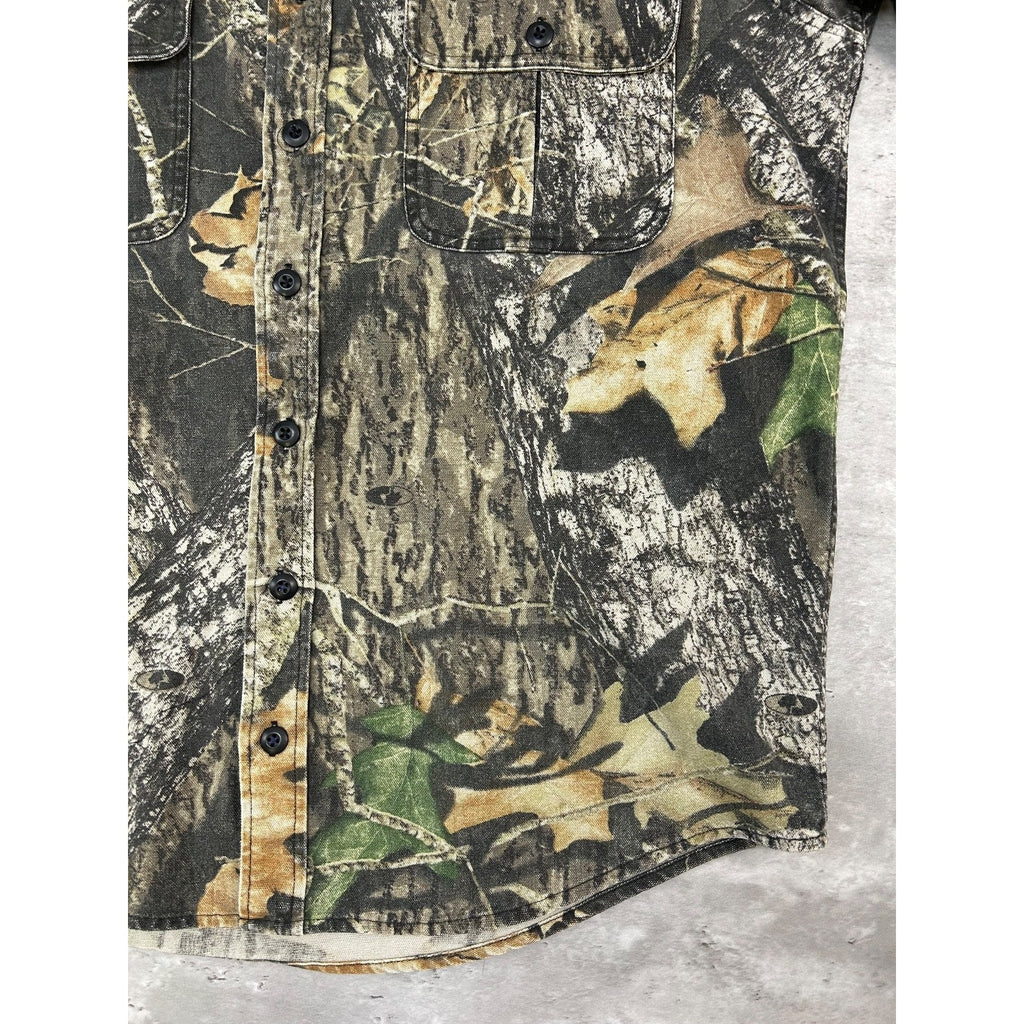 Vintage Cabelas Mossy Oak Tree Camo Hunting Long Sleeve Button Up Shirt LT