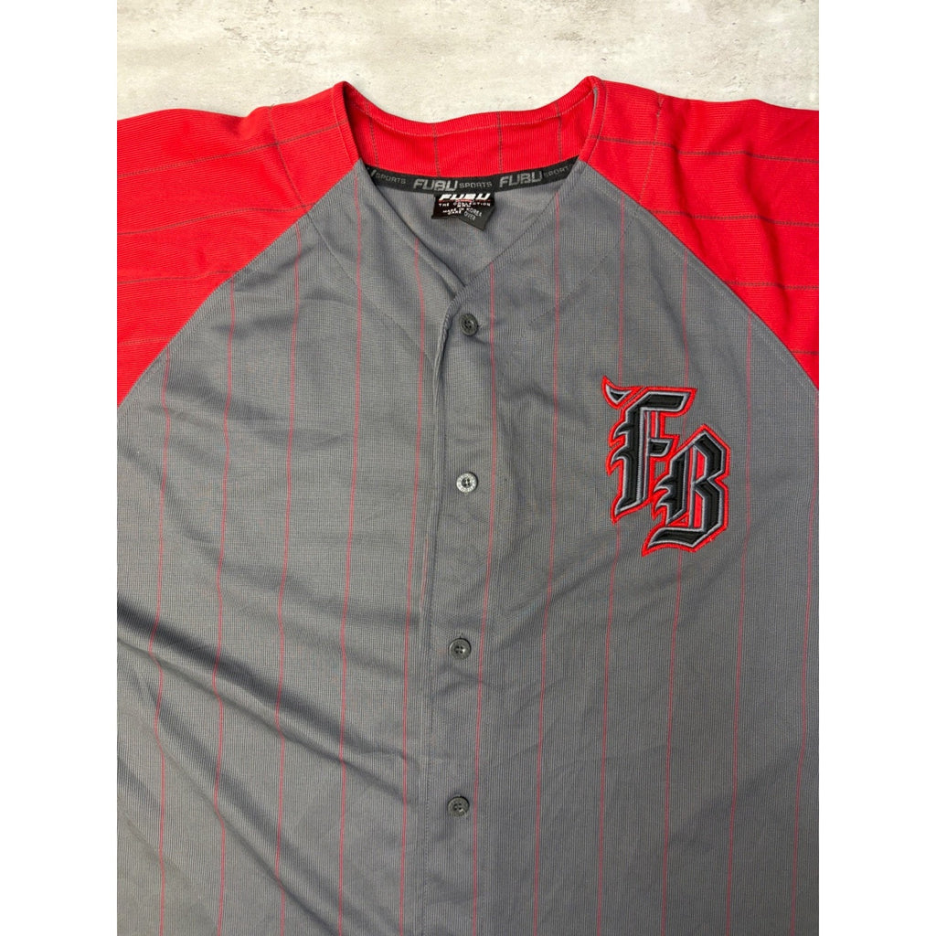Vintage Y2K Fubu Stitched Logo Pinstripe Baseball Jersey Size 2XL
