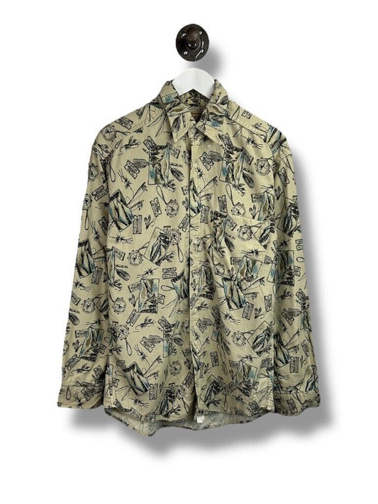 Vintage 90s Woolrich Fishing Graphic AOP Long Sleeve Button Up Shirt Size Medium