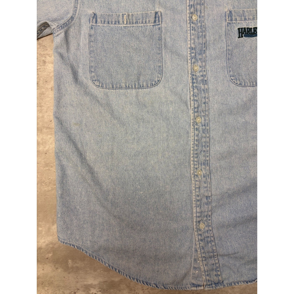 Vintage Harley Davidson Embroidered Light Wash Denim Button Up Shirt Size Large