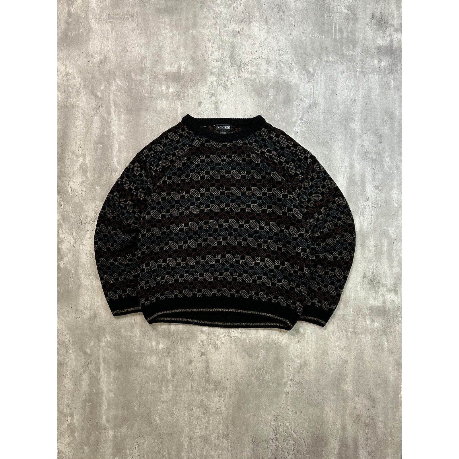 Vintage 90s Jantzen Abstract Checkered Print Pullover Knit Sweater Size XL