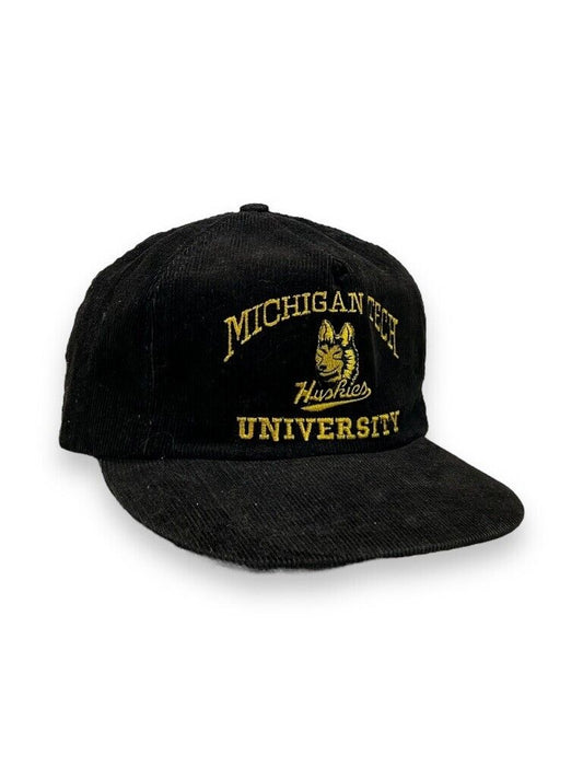 Vintage 90s Michigan Tech Huskies NCAA Corduroy Embroidered Snapback Hat OSFA