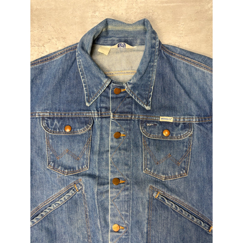 Vintage 1970s Wrangler Dark Wash Denim 4 Pocket Trucker Jacket Size Small