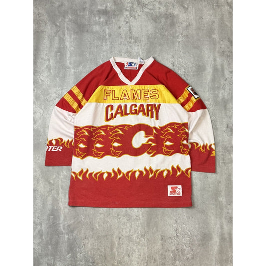 Vintage 90s Calgary Flames NHL All Over Print Starter Hockey Jersey Size Large