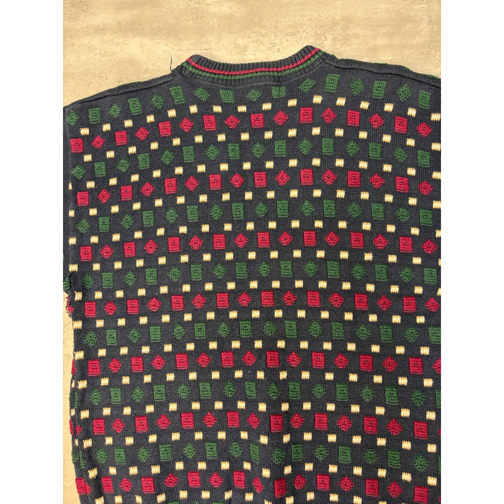 Vintage 90s Geometric Pattern Print Pullover Ribbed Knit Sweater Size Large