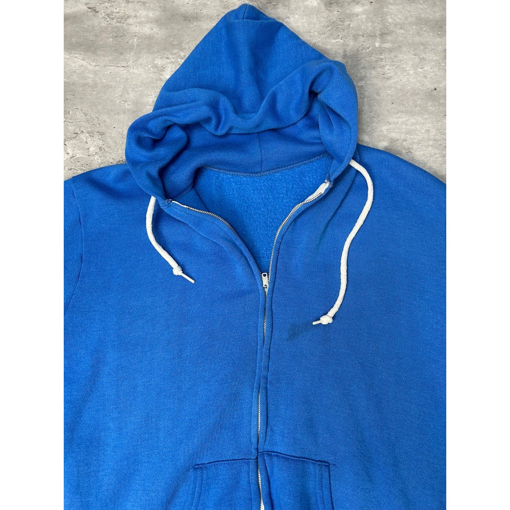 Vintage 80s Full Zip Hooded Blank Blue Sweatshirt Size Large