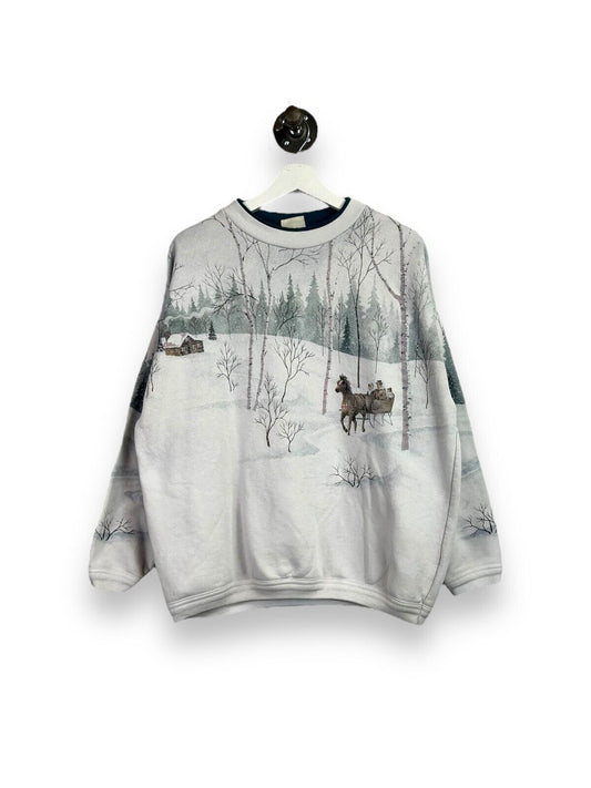 Vintage 90s Winter Landscape All Over Print Crewneck Sweatshirt Size Large