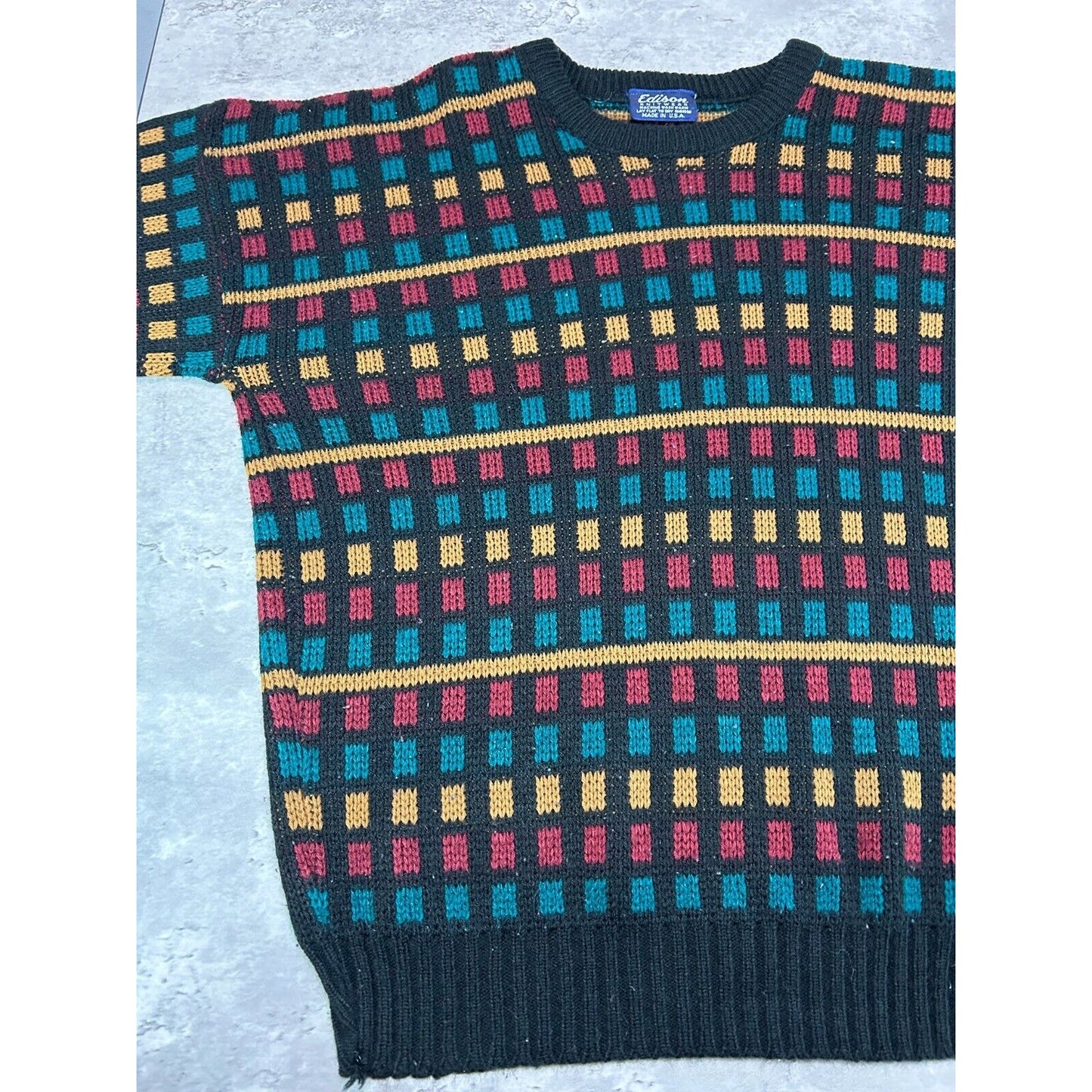 Vintage 90s Edison Geometric Print Ribbed Pullover Knit Sweater Size Large