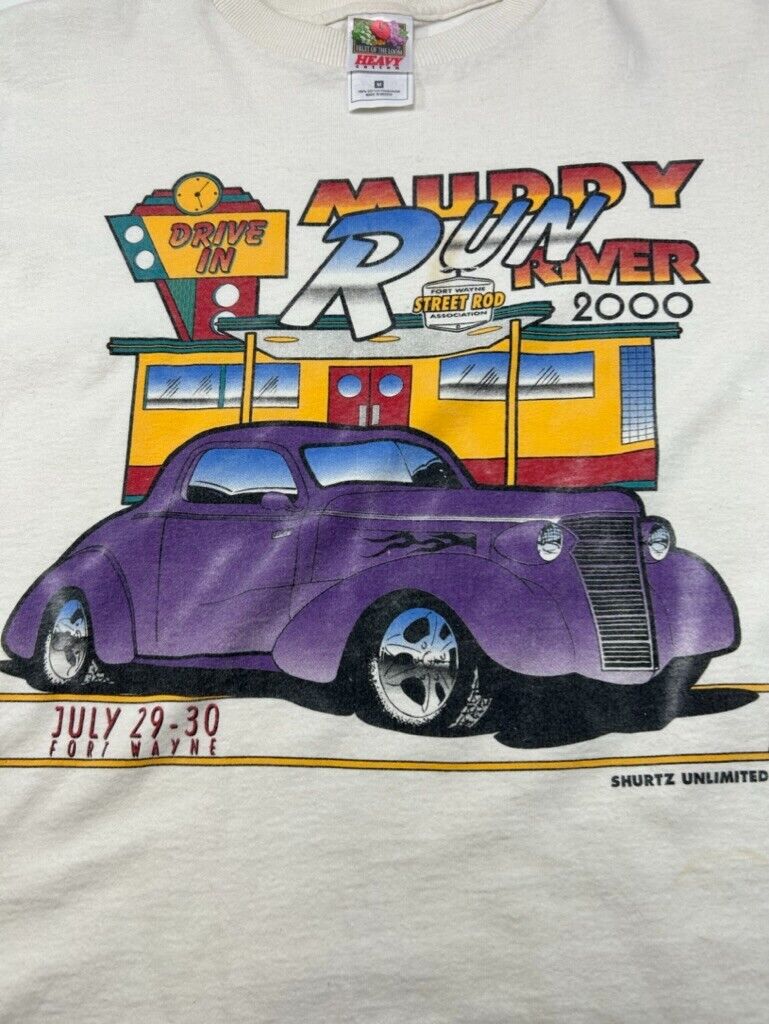 Vintage 2000 Muddy River Run Hot Rod Car Graphic T-Shirt Size Medium White