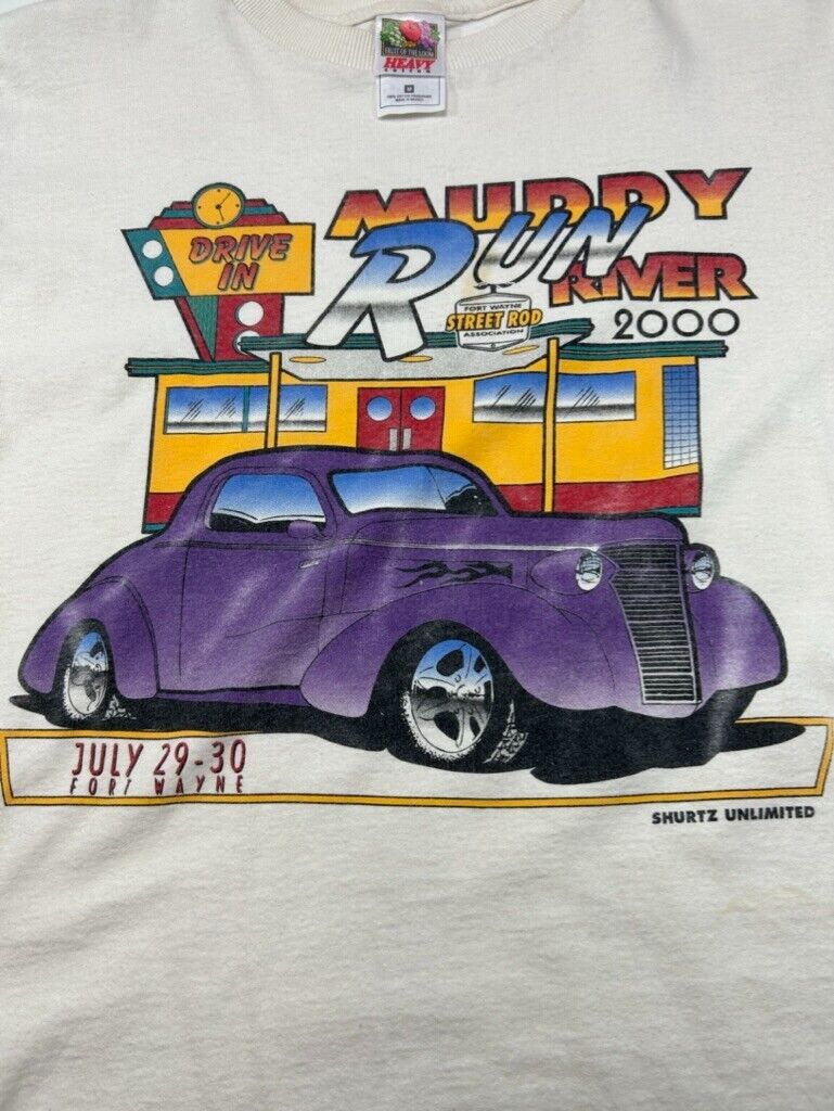 Vintage 2000 Muddy River Run Hot Rod Car Graphic T-Shirt Size Medium White