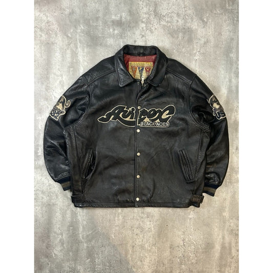Vintage 90s Avirex Black Aces Embroidered Spellout Leather Jacket Size 3XL