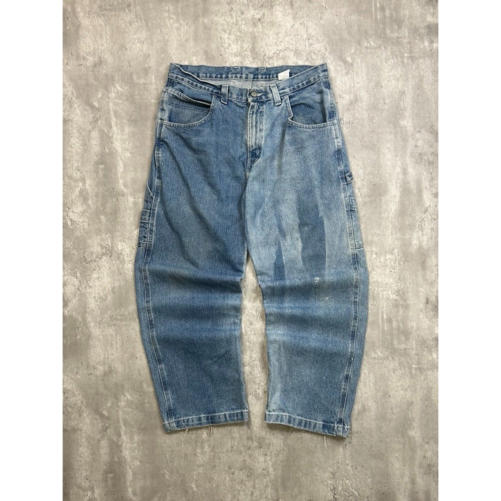 Vintage Faded Glory Medium Wash Denim Faded WorkWear Carpenter Pants Size 34