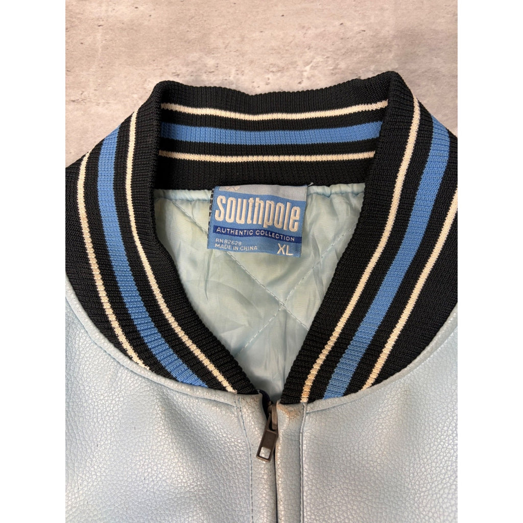 Vintage Y2K Southpole Embroidered Spellout Leather Bomber Jacket Size XL