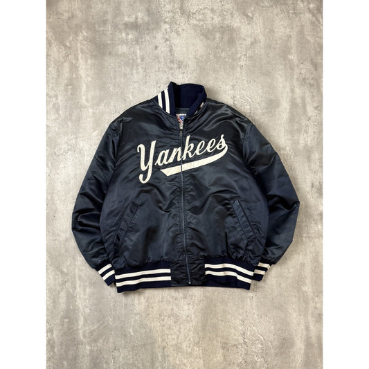 Vintage 90s New York Yankees MLB Embroidered Spellout Satin Bomber Jacket Sz XXL