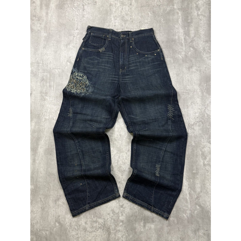 Vintage Y2K Womens Phat Farm Embroidered Spellout Dark Wash Denim Pants 29x31