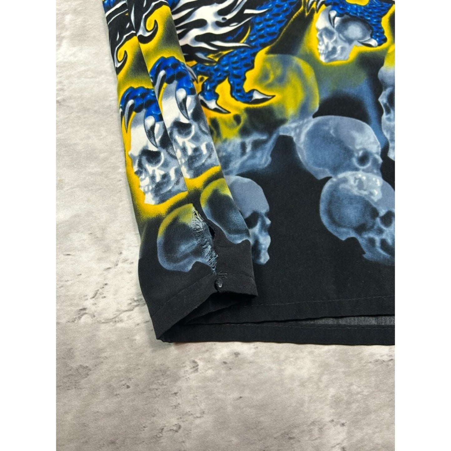 Vintage Y2K Flame Skull Dragon All Over Print Button Up Shirt Size XL