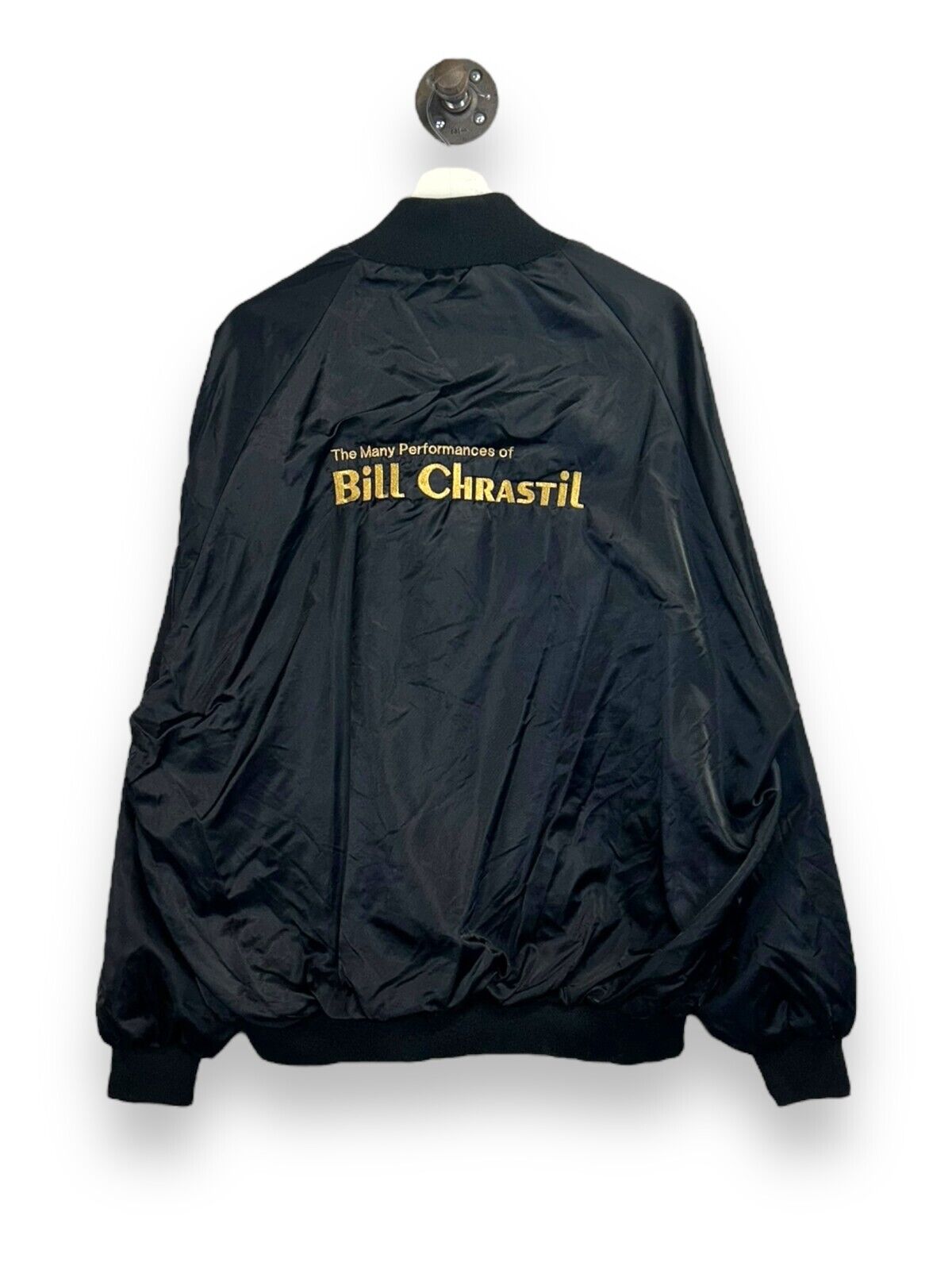 Vintage 90s Bill Chrastil Embroidered Spellout Nylon Bomber Jacket Size Xl Black