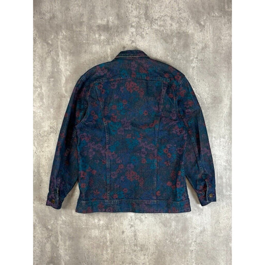 Vintage 80s Womens Lee Floral Print Dark Wash Denim Trucker Jacket Size L Blue