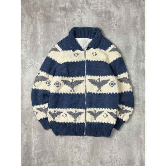 Vintage 80s Bird Print Striped Full Zip Collared Knit Sweater Size Large
