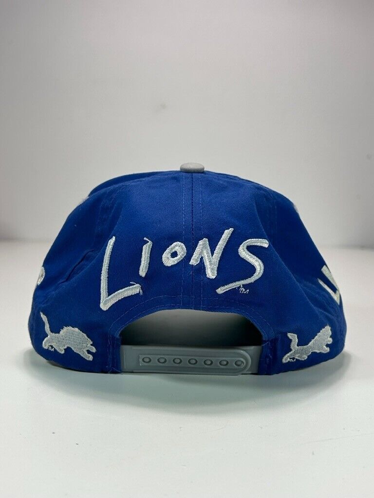 Vintage 90s Detroit Lions NFL Embroidered Logo Spell Out Snapback Hat OSFA Blue