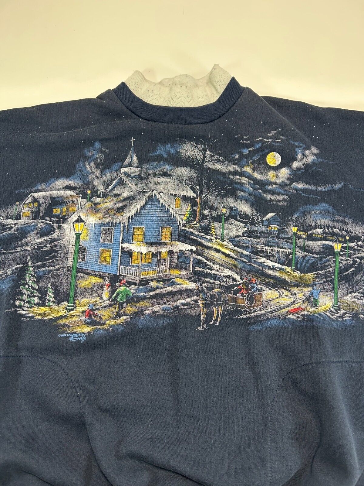 Vintage 90s Winter Landscape All Over Print Pull Over Sweatshirt Size Large Blue