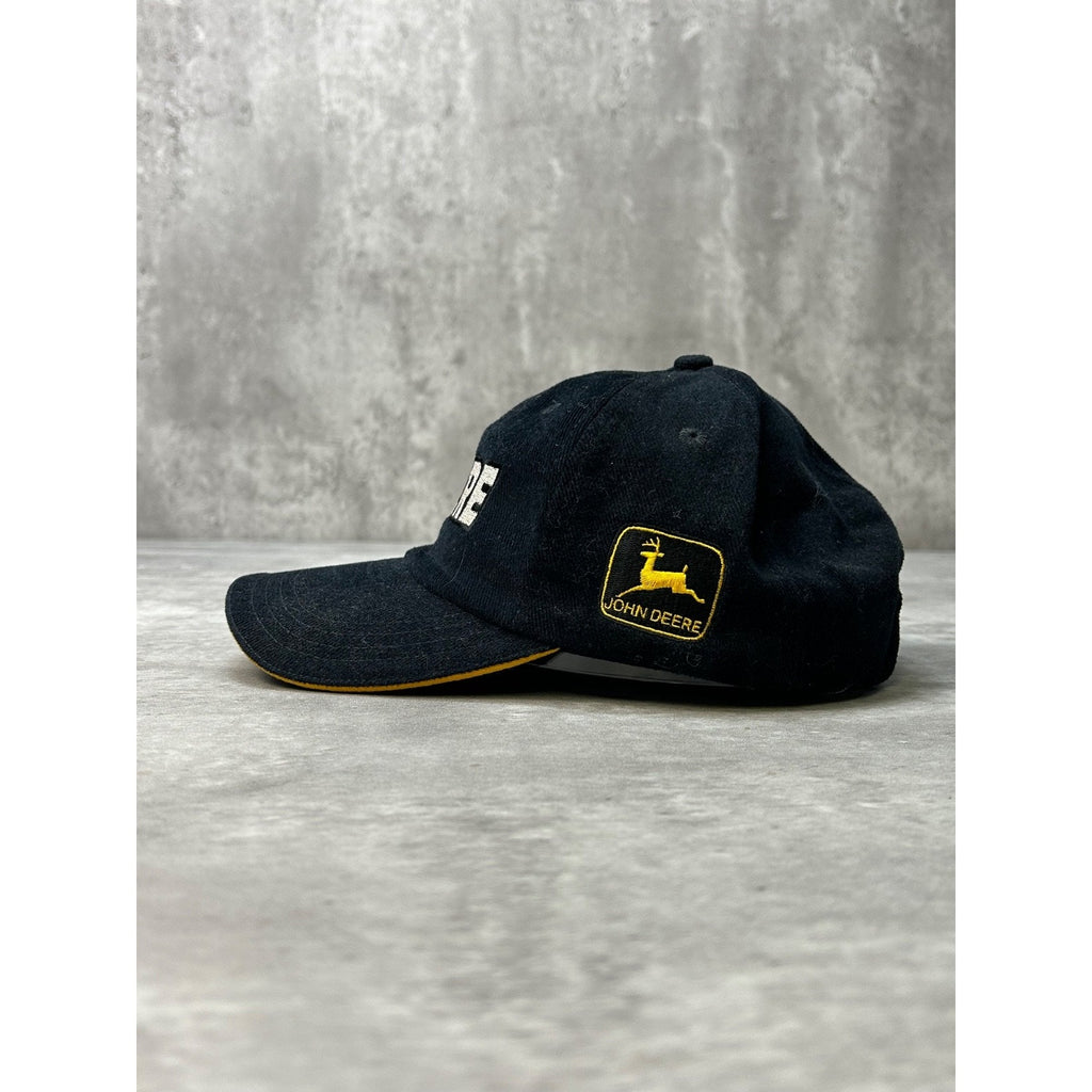 Vintage John Deere Embroidered Spellout Black Strapback Hat OSFA