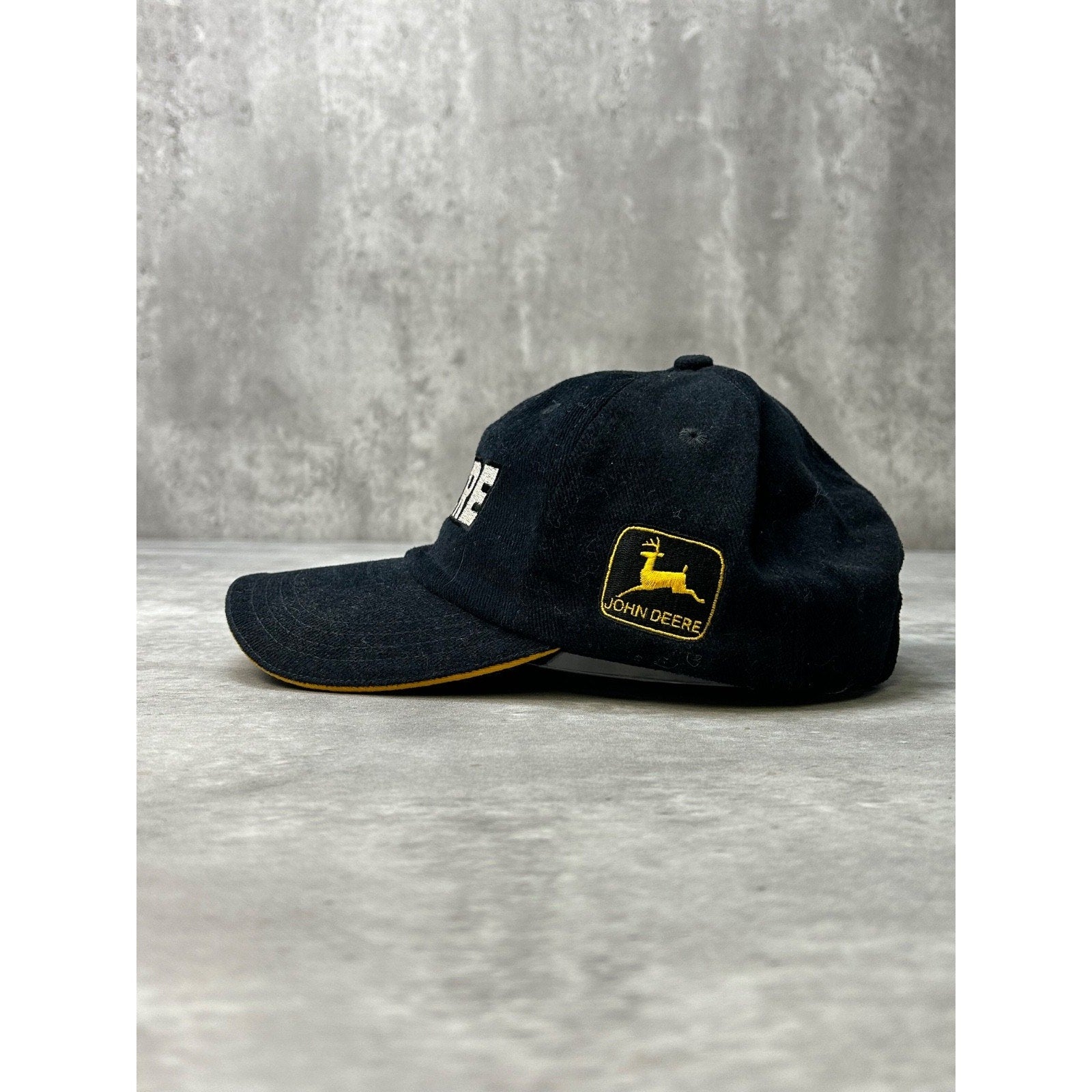Vintage John Deere Embroidered Spellout Black Strapback Hat OSFA