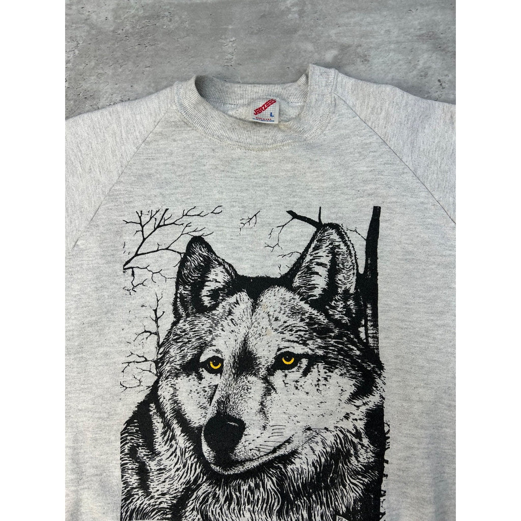Vintage 90s Grey Wolf Animal Graphic Nature Crewneck Sweatshirt Size Large