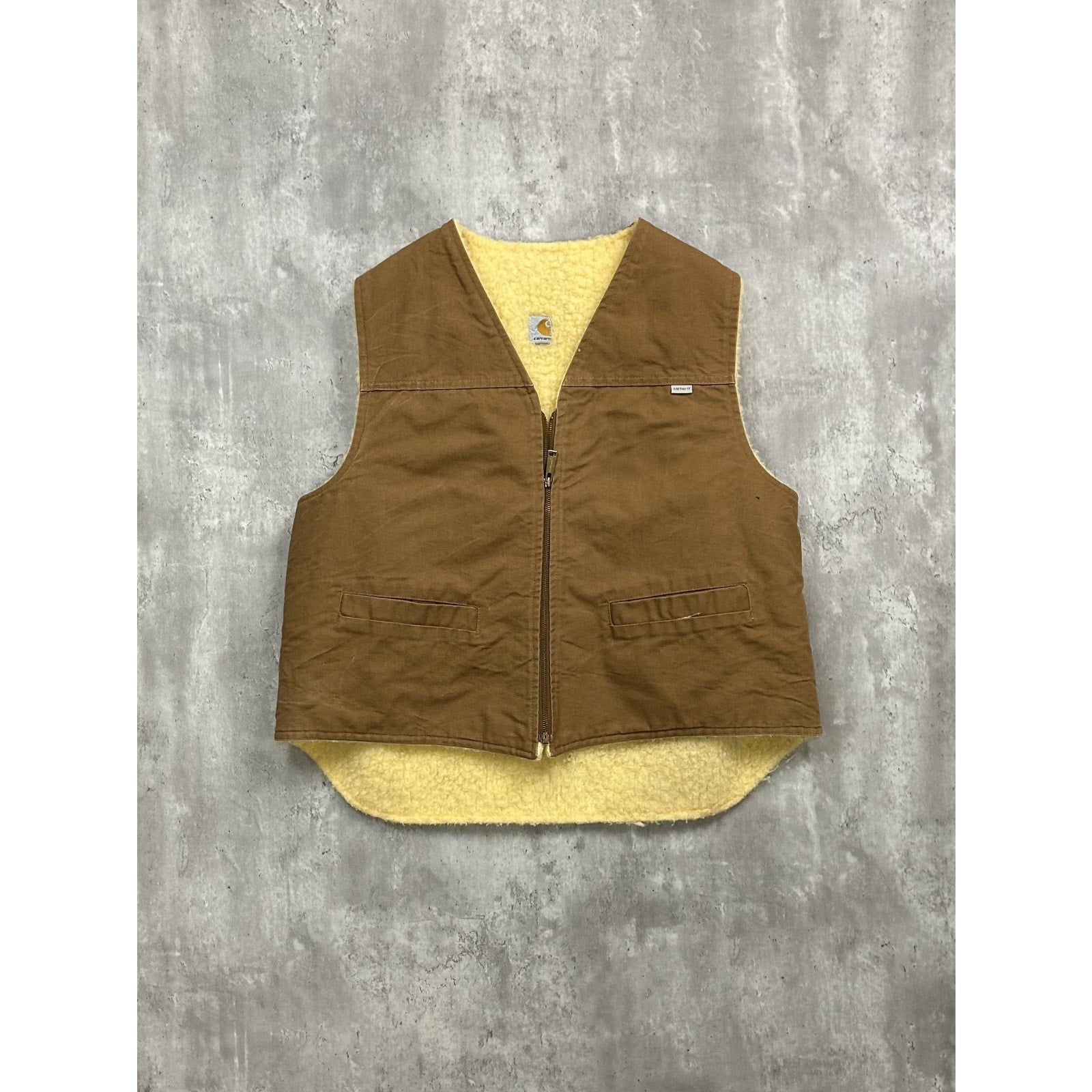 Vintage 80s Carhartt Sherpa Lined Canvas Workwear Beige Vest Size 2XL