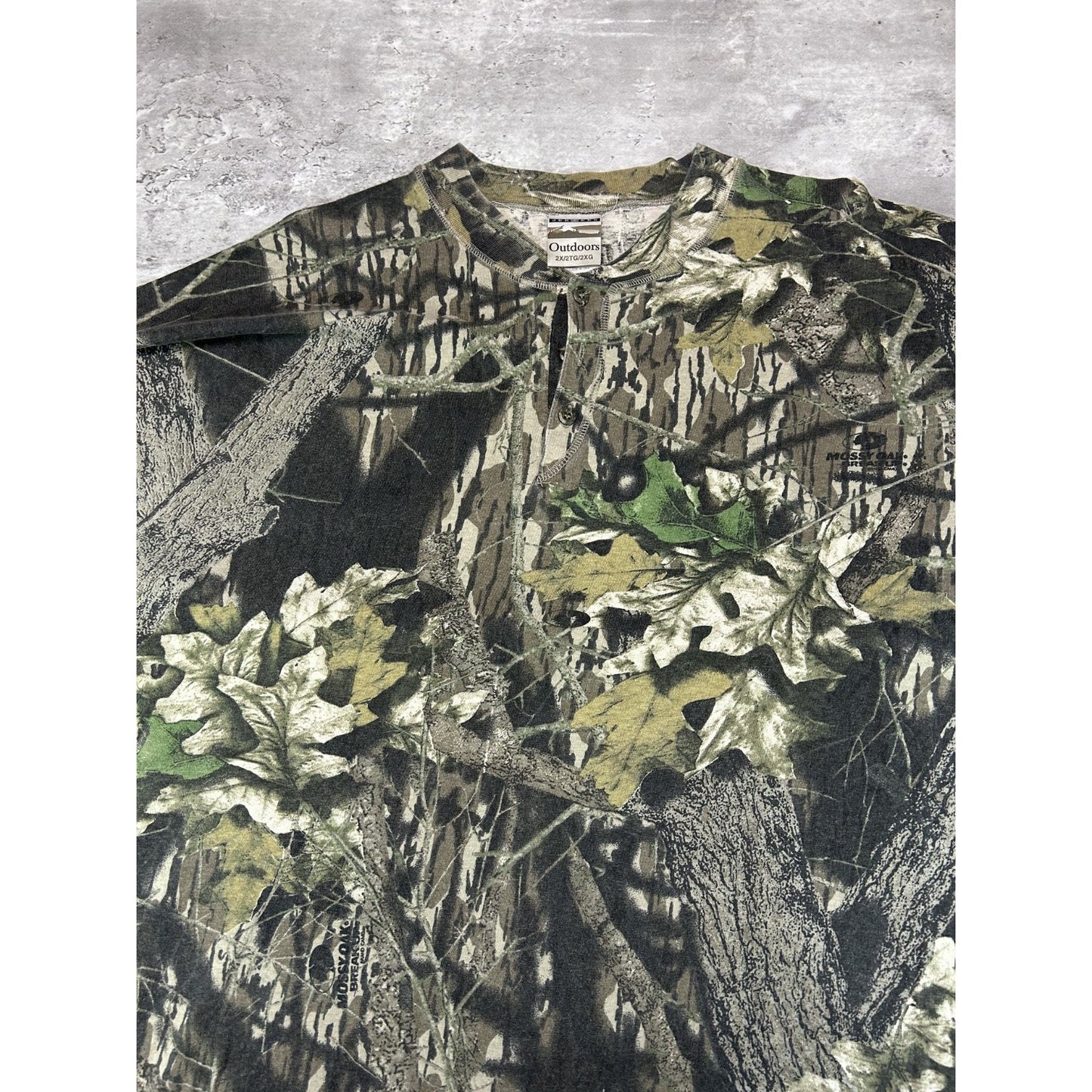 Vintage Jerzees Outdoors Mossy Oak Tree Camo 1/4 Button Hunting T-Shirt Sz 2XL