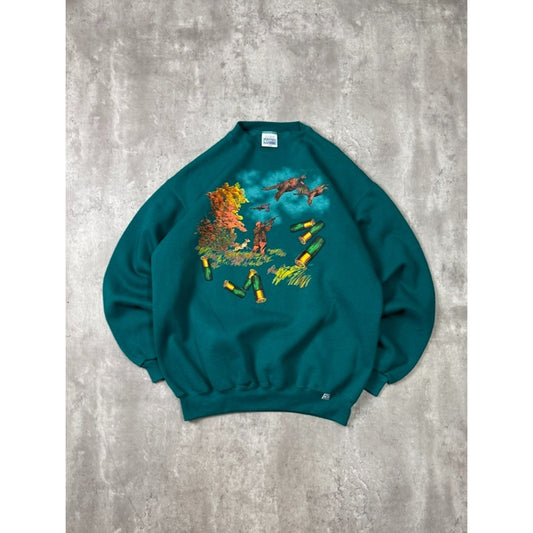 Vintage 90s Pheasant Hunting Nature Outdoors Graphic Sweatshirt Size Large Teal