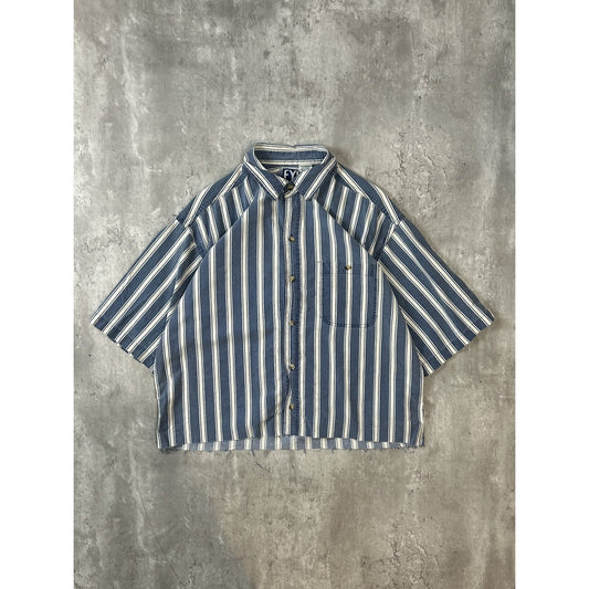 Vintage FYI Private Stock Striped Short Sleeve Cropped Button Up Shirt Sz Large